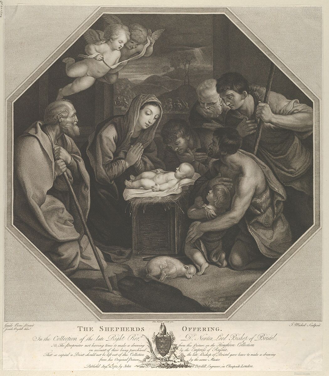 The infant Christ lying on a wooden box, the Virgin kneeling in prayer before him, Saint Joseph at left, shepherds at right, in an octagonal frame, after Reni, Engraved by Jean-Baptiste Michel (French, Paris 1748–1804 Paris), Engraving 