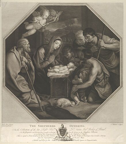 The infant Christ lying on a wooden box, the Virgin kneeling in prayer before him, Saint Joseph at left, shepherds at right, in an octagonal frame, after Reni