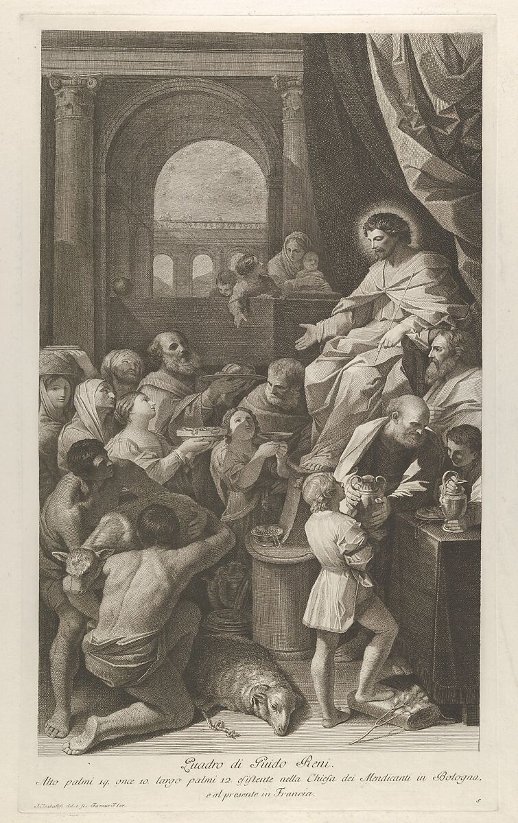 Saint Job seated at right receiving the gifts of the people, archway at left, after Reni, Engraved by Giuliano Traballesi (Italian, Florence 1727–1812 Milan), Engraving and etching 