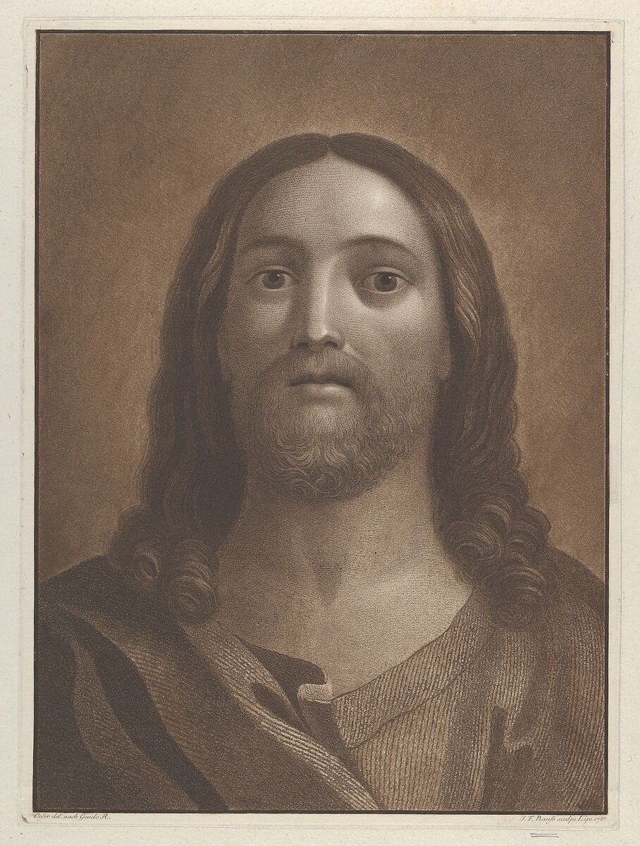 Head of Christ, after Reni, Engraved by Johann Friedrich Bause (German, Halle (Saale) 1738–1814 Weimar), Etching and aquatint in brown ink 