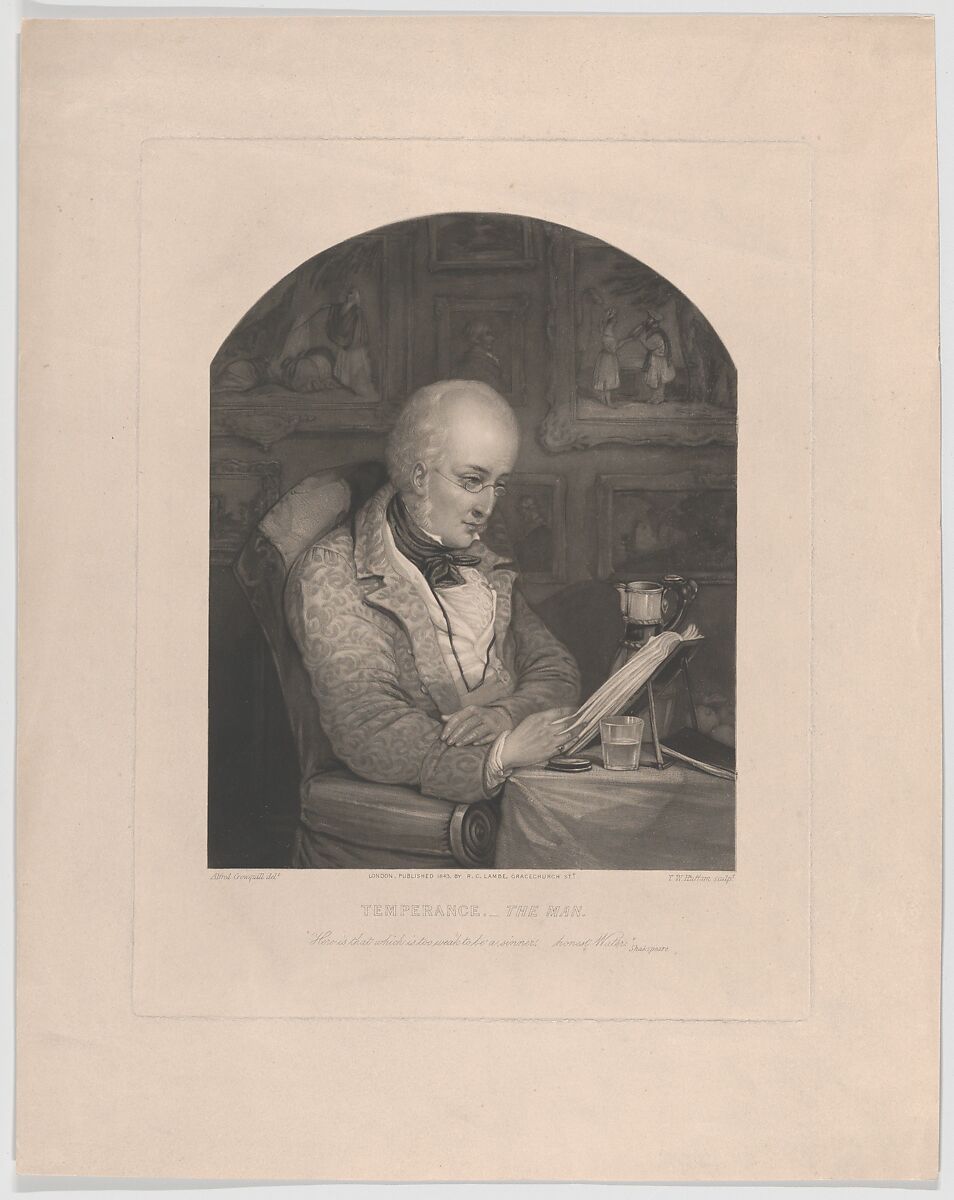 Temperance.–The Man: "Here is that which is too weak to be a sinner–honest Water"–Shakespeare, T. W. Huffam (British, active 1825–56), Mezzotint and etching 