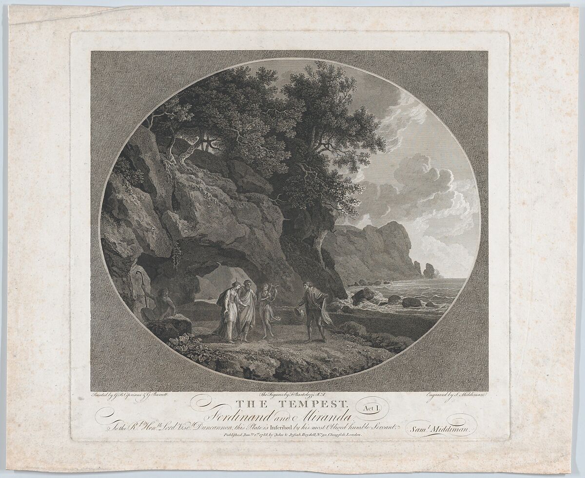 The Tempest, Act I: Ferdinand and Miranda, Samuel Middiman (British, 1751–1831), Etching 