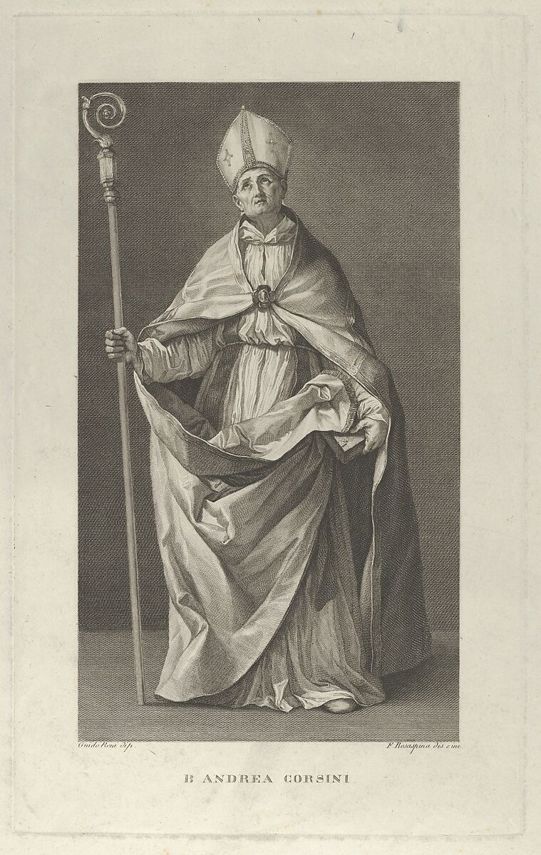Saint Andrea Corsini dressed as Bishop of Fiesole, holding a crosier and looking up, after Reni, Intermediary draughtsman Francesco Rosaspina (Italian, Montescudo 1762–1841 Bologna), Etching 