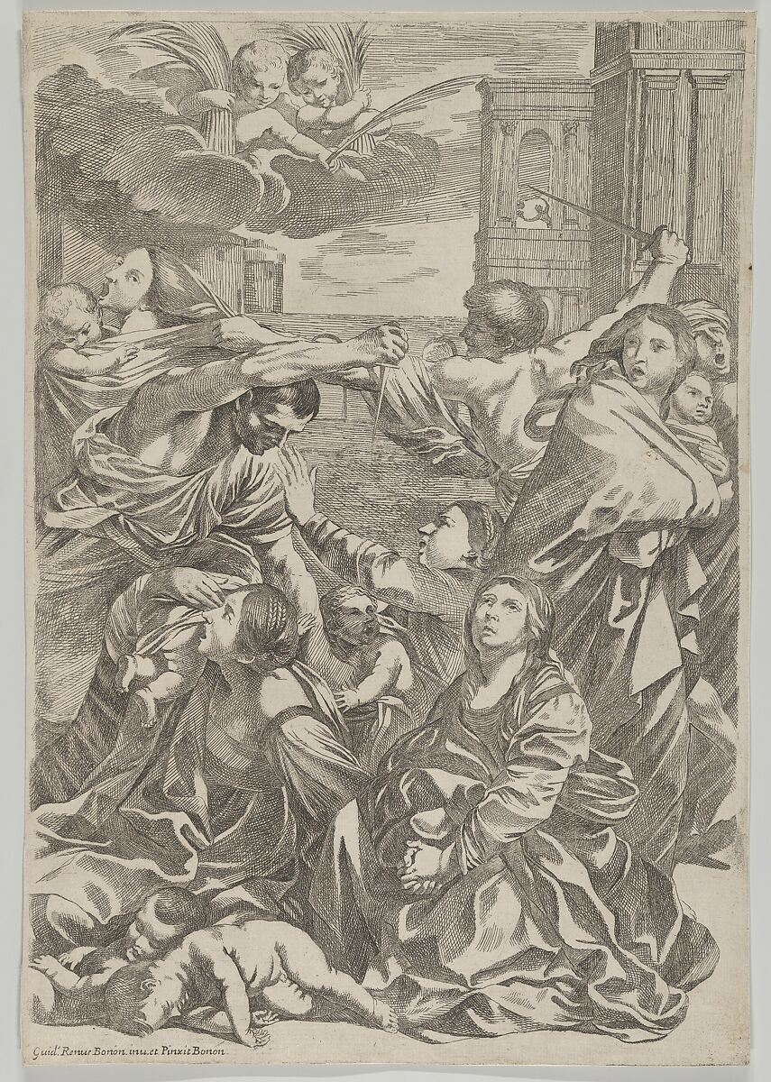 Massacre of the Innocents; group of women and children being attacked, two angels at upper left, after Reni, Anonymous, Etching 