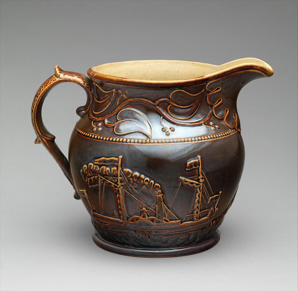 Pitcher, Salamander Works (American, New York, 1825–1912), Stoneware; brown glaze, American 