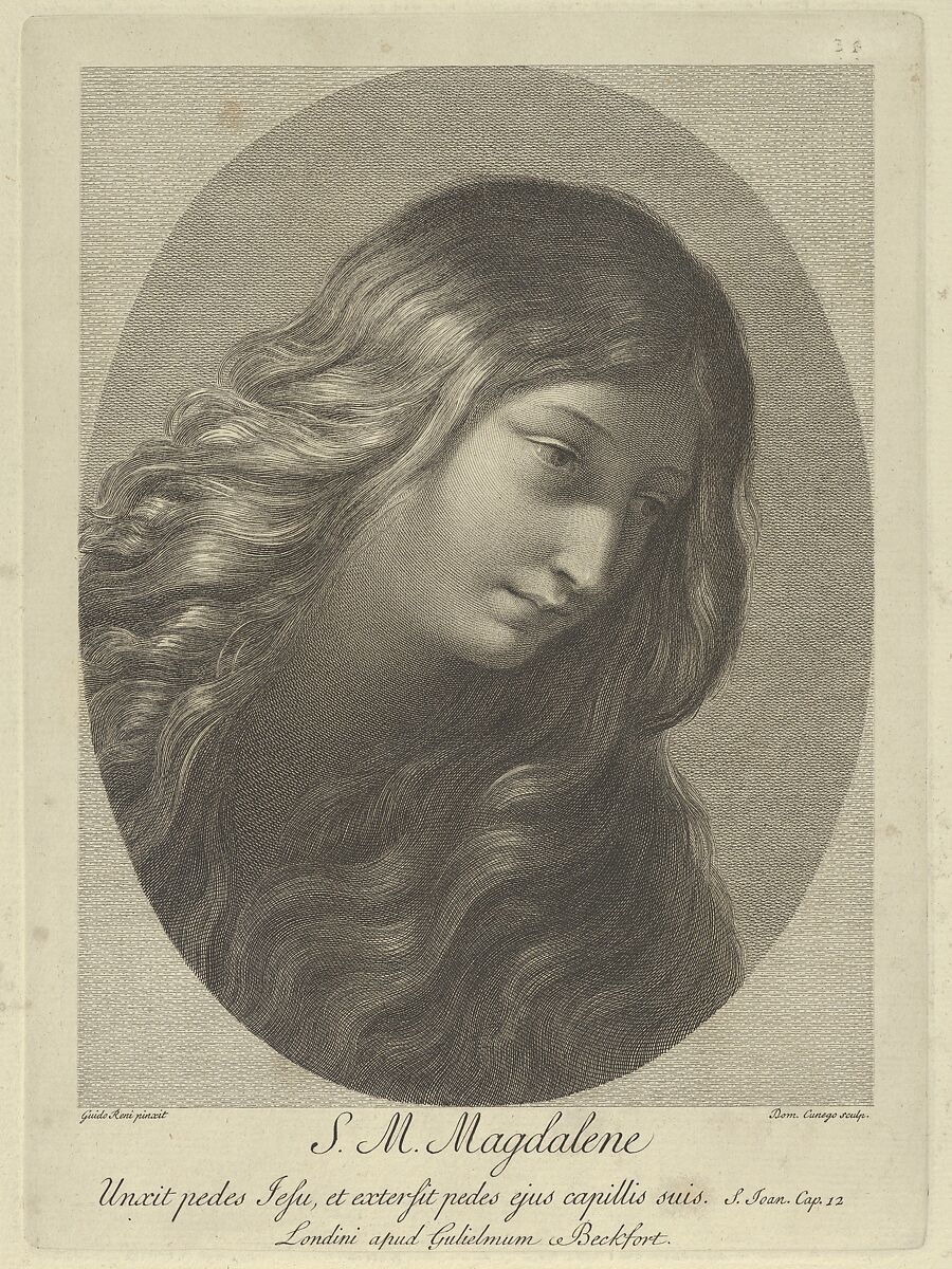 The head of Mary Magdalene looking down to the right, in an oval frame, after Reni, Engraved by Domenico Cunego (Italian, Verona 1727–1803 Rome), Engraving and etching 