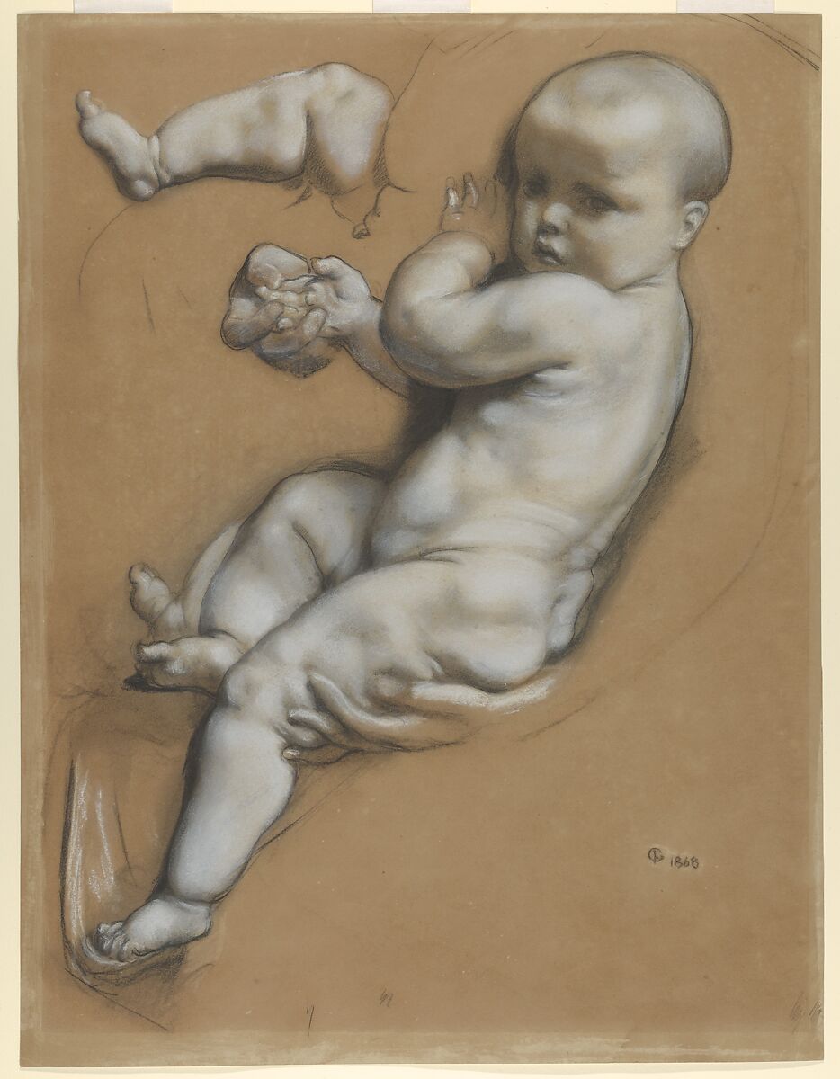 Studies of a baby, Frederick Goodall (British, London 1822–1904 London), Black and white chalk on brown paper 