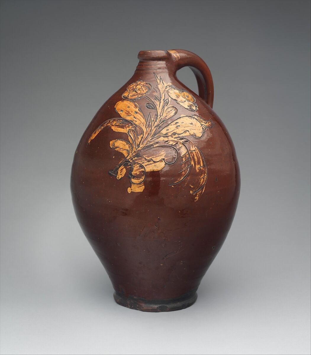 Nathaniel Seymour (American, 1790–1825), Red earthenware with incised decoration of floral spray filled in with slip; lead glaze, American 