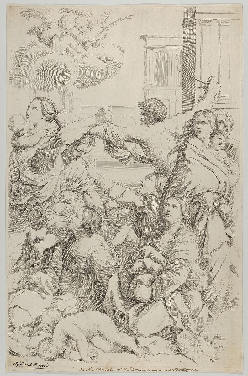 Massacre of the Innocents; group of women and children being attacked, two angels at upper left, after Reni, Engraved by Gian Battista Bolognini (Italian, Bologna 1611–1688 Bologna), Etching 