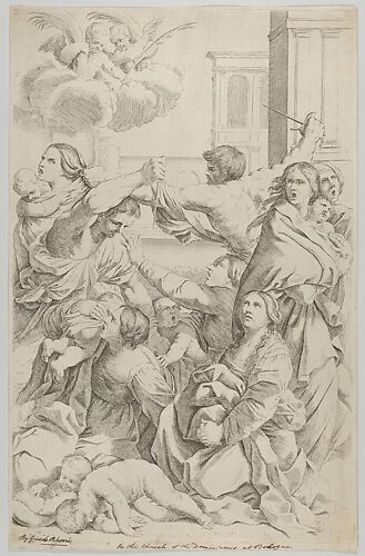 Massacre of the Innocents; group of women and children being attacked, two angels at upper left, after Reni