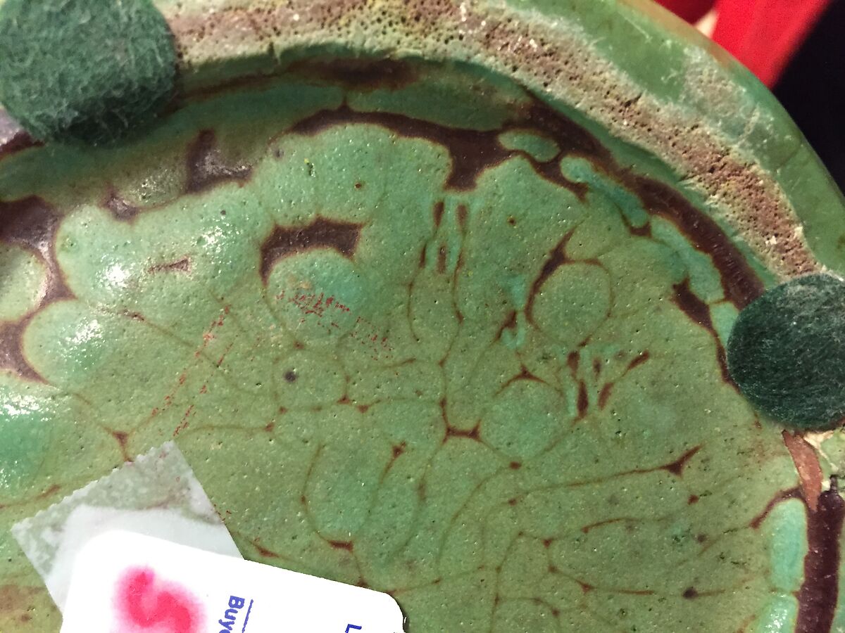 Vase with Satyr-head handles, William J. Walley (1852–1919), Stoneware; allover mat green glaze with darker areas, American