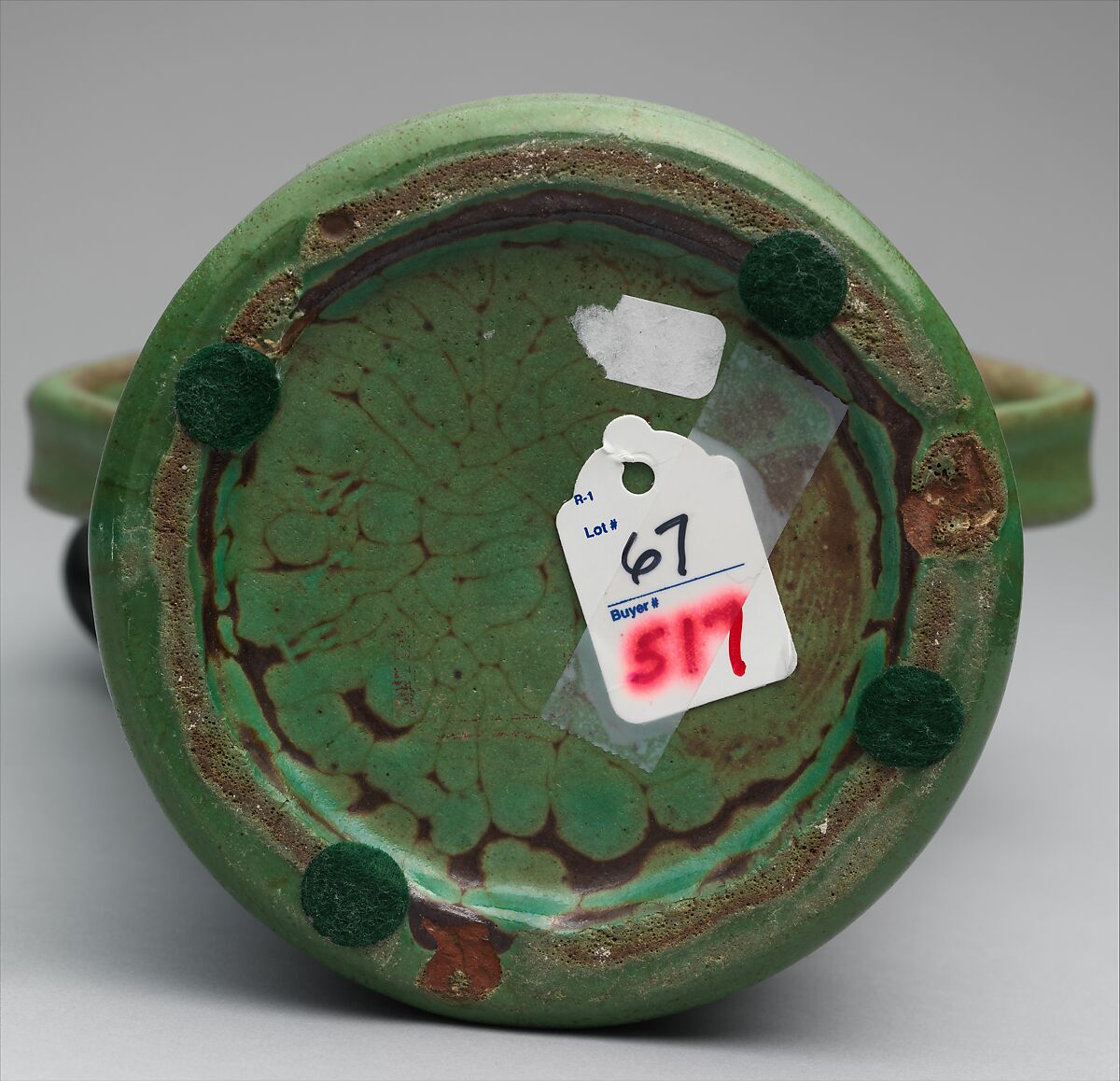 Vase with Satyr-head handles, William J. Walley (1852–1919), Stoneware; allover mat green glaze with darker areas, American