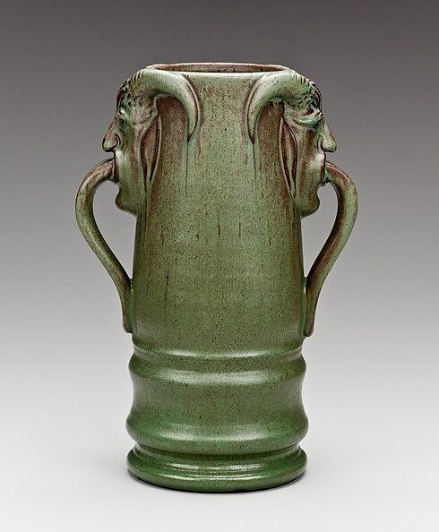 Vase with Satyr-head handles, William J. Walley (1852–1919), Stoneware; allover mat green glaze with darker areas, American 