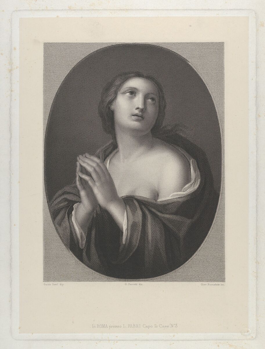 Female personification of Hope looking up with hands held together and left shoulder exposed, in an oval frame, after Reni, Engraved by Giovanni Buonafede (Italian, born Rome 1816), Engraving 