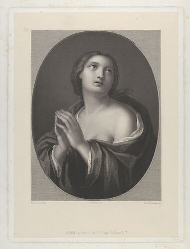 Female personification of Hope looking up with hands held together and left shoulder exposed, in an oval frame, after Reni