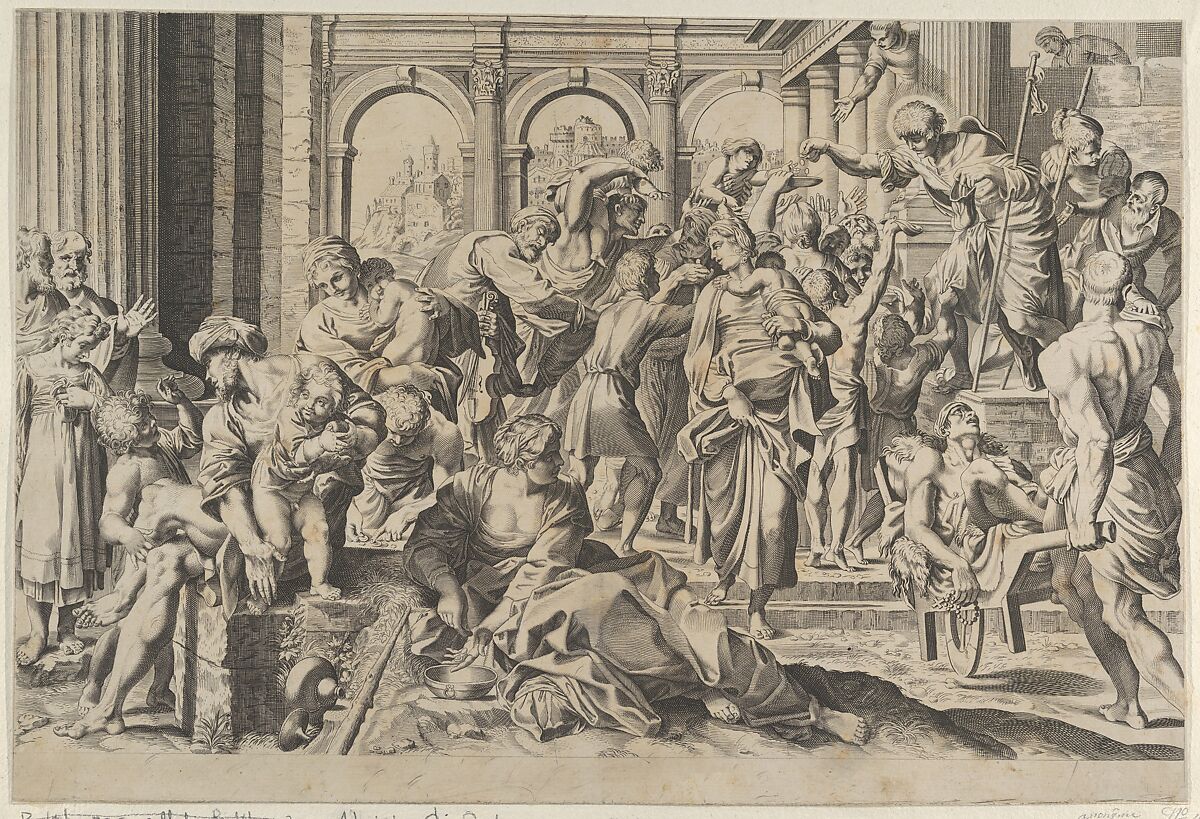 Saint Roch at right distributing alms to a group of people gathered around him, after Annibale Caracci, Anonymous, Engraving 