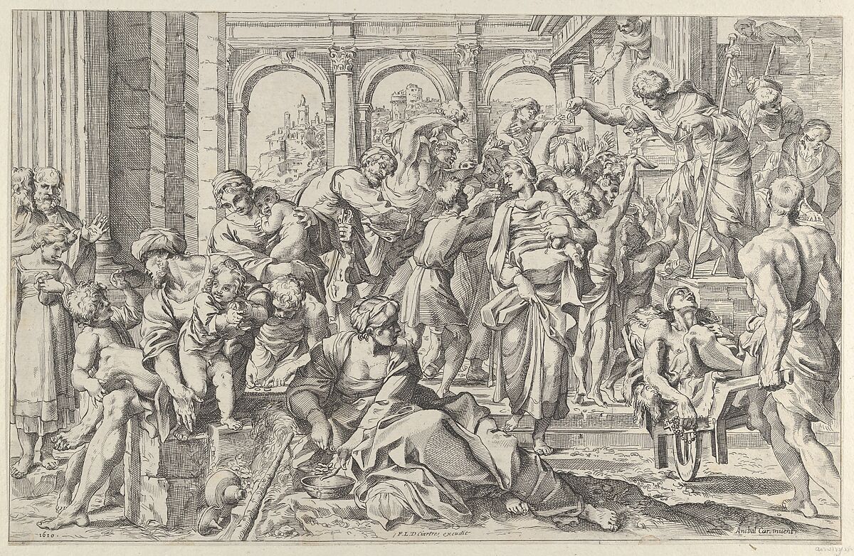 Saint Roch at right distributing alms to a group of people gathered around him, after Annibale Caracci, Anonymous, Etching 