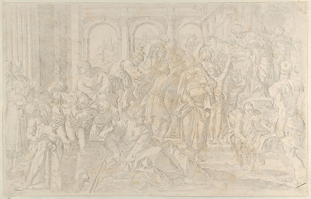 Saint Roch at right distributing alms to a group of people gathered around him, after Annibale Caracci, Francesco Brizio (Italian, Bologna ca. 1574–1623 Bologna), Etching; counterproof 