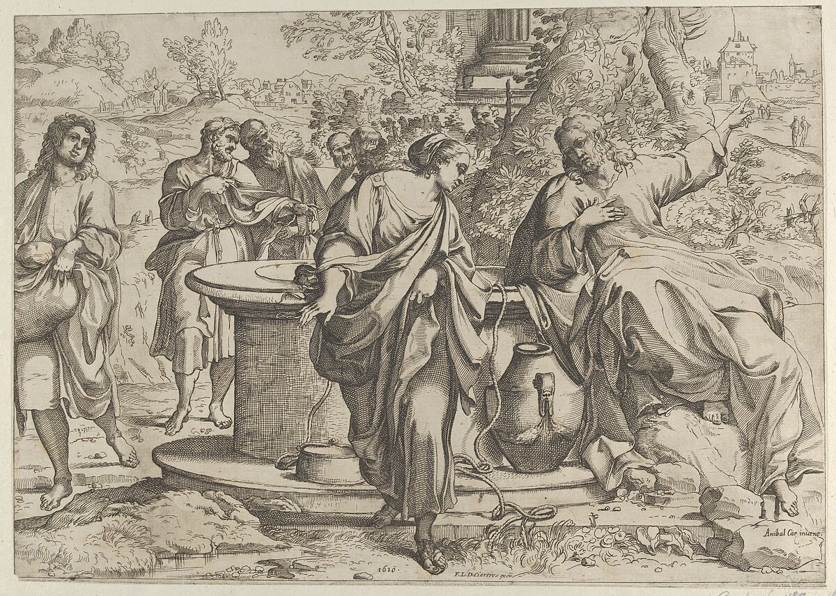 The Samaritan woman standing at the well, Christ seated next to her pointing to the right, after Annibale Caracci, Anonymous, Etching 