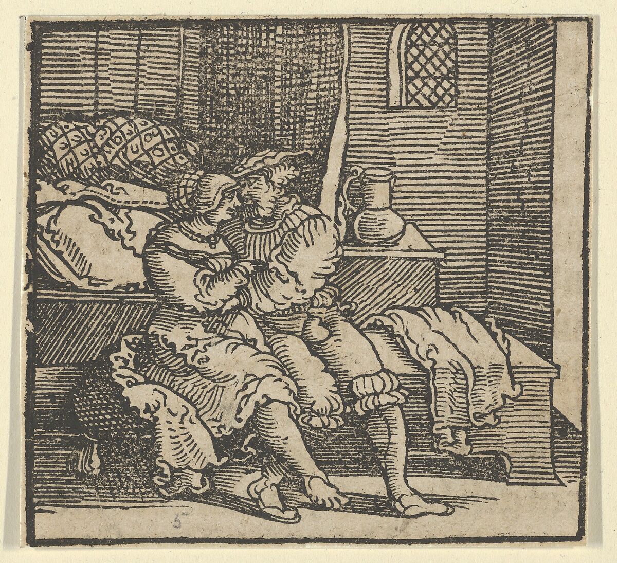 Spinneloccio Locked up in a Chest, on which his Wife and Zeppa are Seated, from The Decameron, Hans Schäufelein (German, Nuremberg ca. 1480–ca. 1540 Nördlingen), Woodcut 