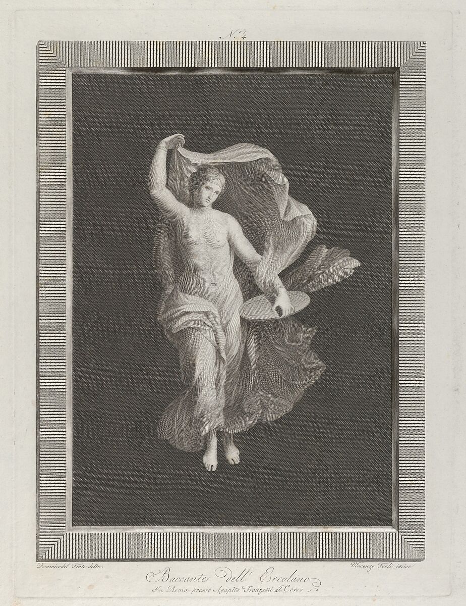 A partly nude bacchante holding a disk in her left hand and raising her garments with right, Vicenzo Feoli (Italian, Rome ca. 1760–1827 Rome), Engraving 