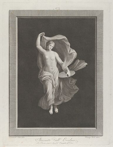 A partly nude bacchante holding a disk in her left hand and raising her garments with right