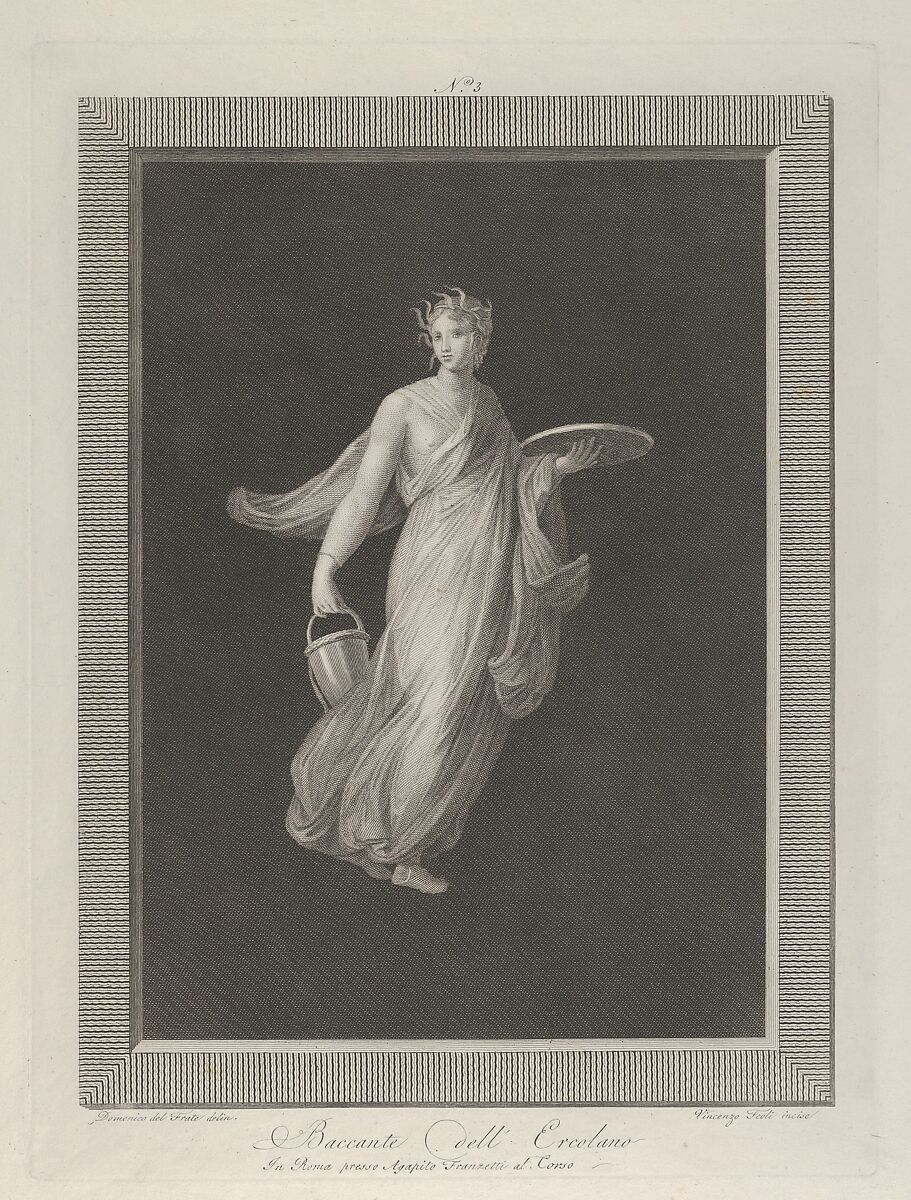 A partly naked bacchante holding a disk in her raised left hand and a bucket in her right, Vicenzo Feoli (Italian, Rome ca. 1760–1827 Rome), Engraving 