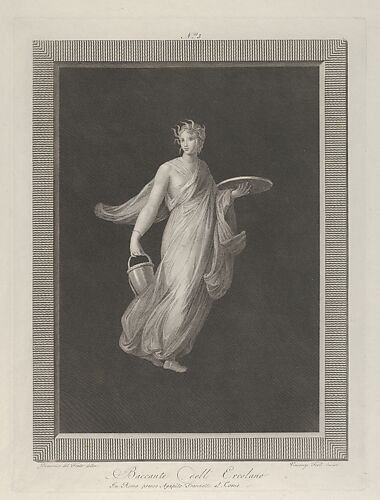 A partly naked bacchante holding a disk in her raised left hand and a bucket in her right