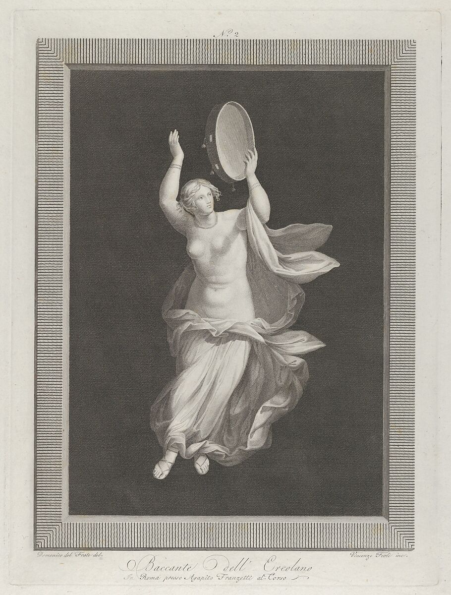 A partly naked bacchante playing a tambourine, Vicenzo Feoli (Italian, Rome ca. 1760–1827 Rome), Engraving 