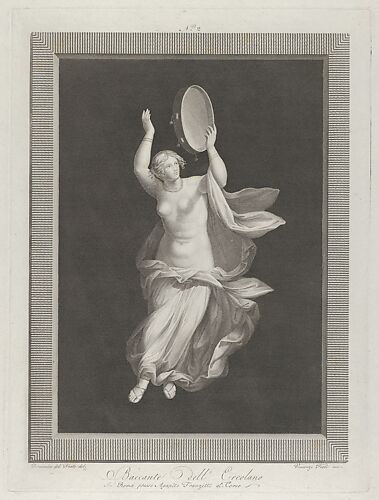A partly naked bacchante playing a tambourine