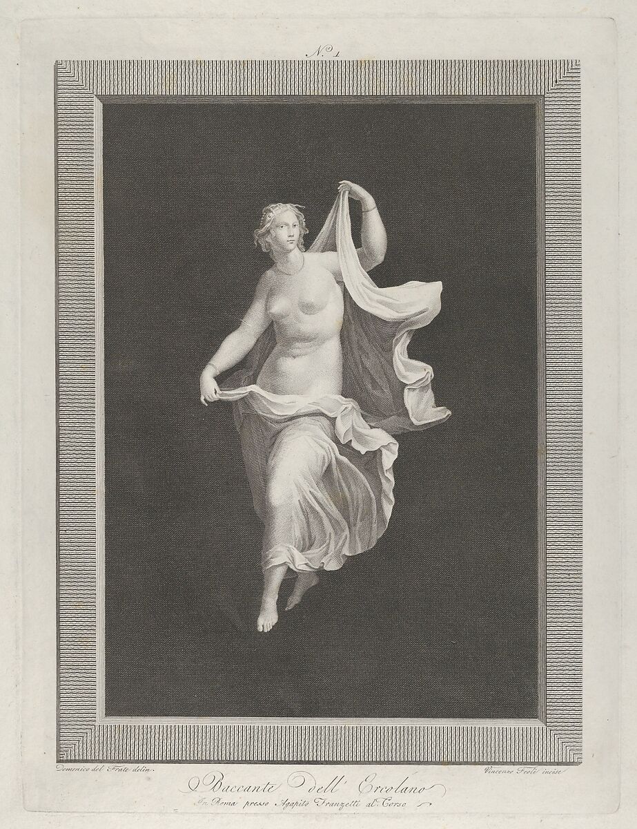A partly nude bacchante stepping forward and holding ends of her drapery in each hand, Vicenzo Feoli (Italian, Rome ca. 1760–1827 Rome), Engraving 