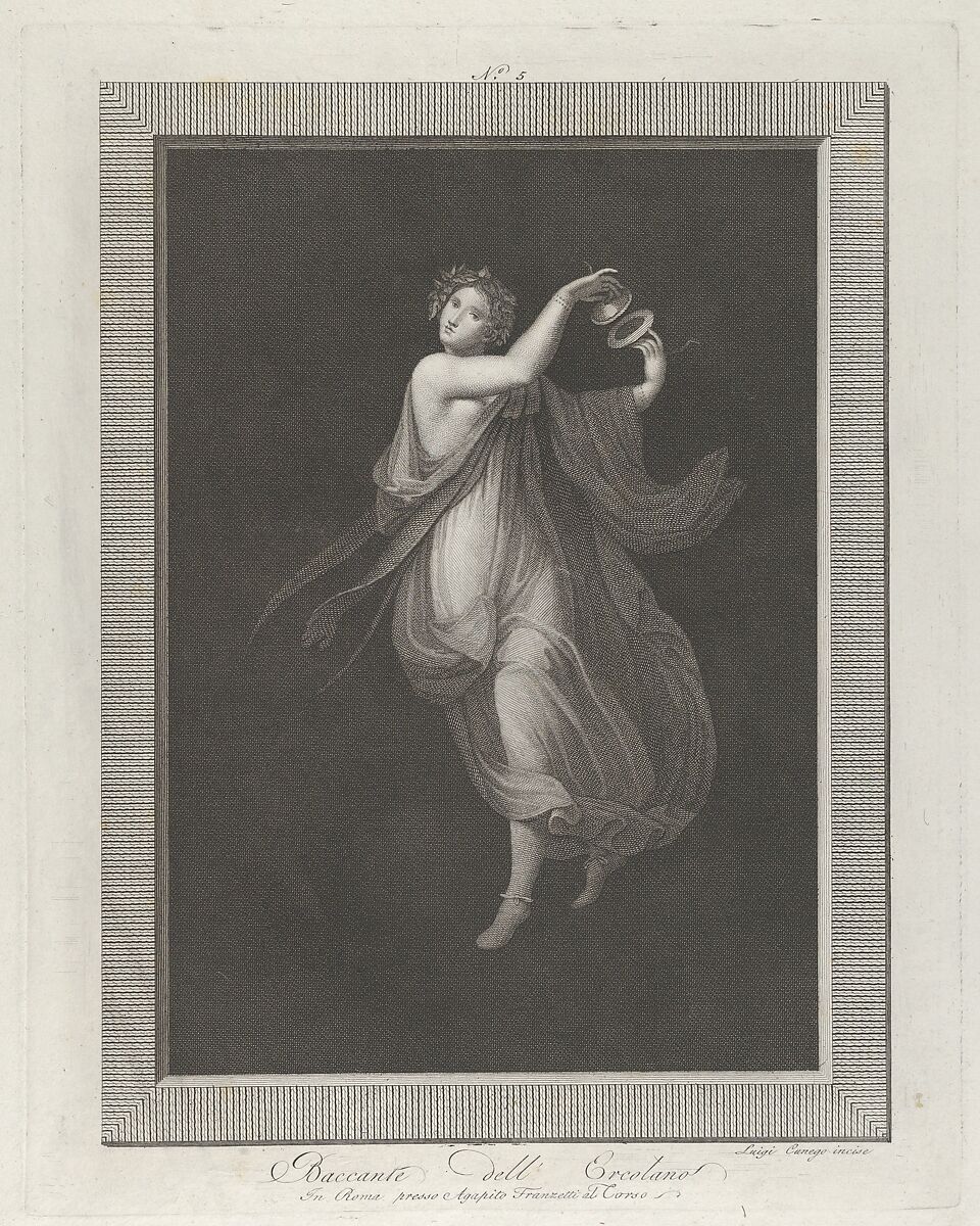 A bacchante, a garland on her head, and playing cymbals, set against a black background inside a rectangular frame, Aloysio Cunego (Italian, Verona 1757–1823 Rome), Engraving 