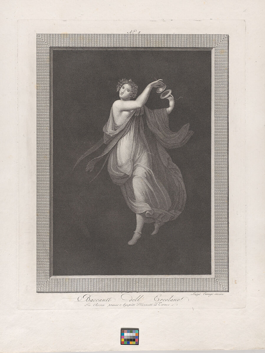 A bacchante, a garland on her head, and playing cymbals, set against a black background inside a rectangular frame, Aloysio Cunego (Italian, Verona 1757–1823 Rome), Engraving