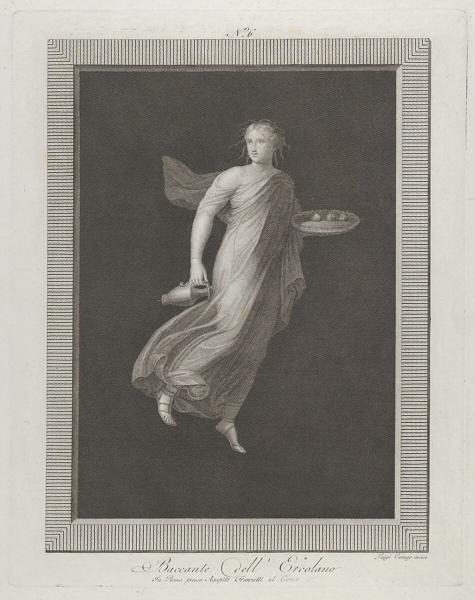 A bacchante holding a pitcher in her right hand and carrying in her left hand an oval dish containing three figs, set against a black background inside a rectangular frame, Aloysio Cunego (Italian, Verona 1757–1823 Rome), Engraving 