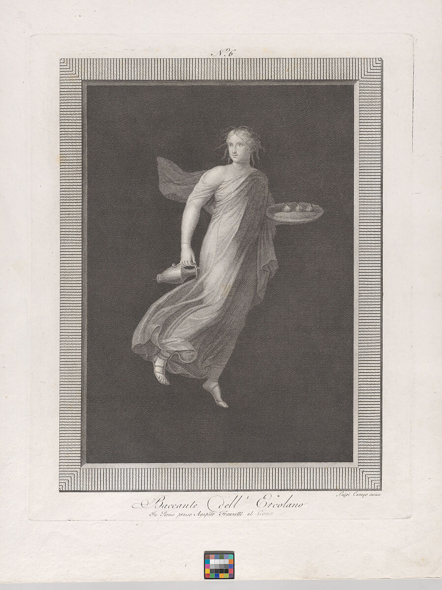 A bacchante holding a pitcher in her right hand and carrying in her left hand an oval dish containing three figs, set against a black background inside a rectangular frame, Aloysio Cunego (Italian, Verona 1757–1823 Rome), Engraving