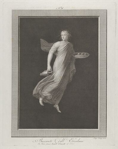 A bacchante holding a pitcher in her right hand and carrying in her left hand an oval dish containing three figs, set against a black background inside a rectangular frame