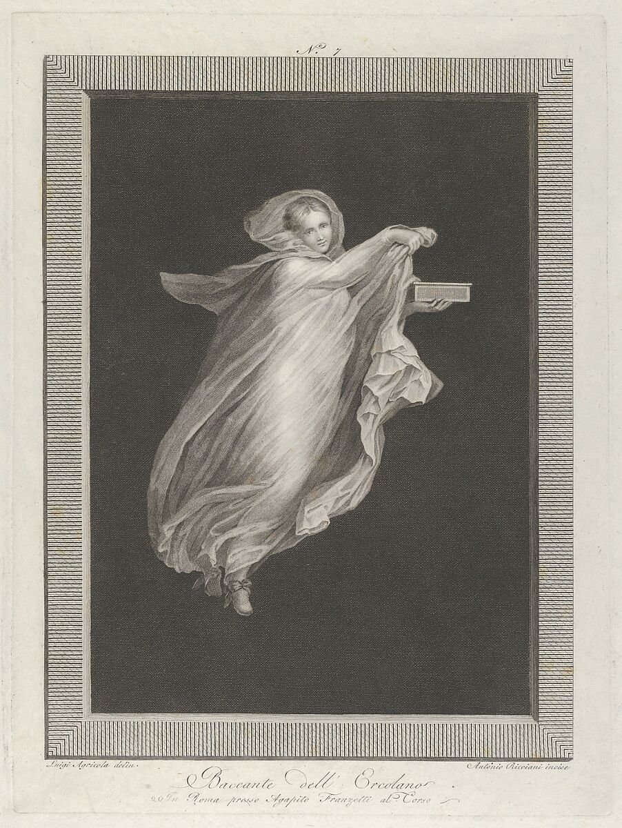 A bacchante wearing a hooded shawl and holding a box in her left hand, set against a black background inside a rectangular frame, Engraved by Antonio Ricciani (Italian, Rome 1775/76–1847 Naples), Engraving 
