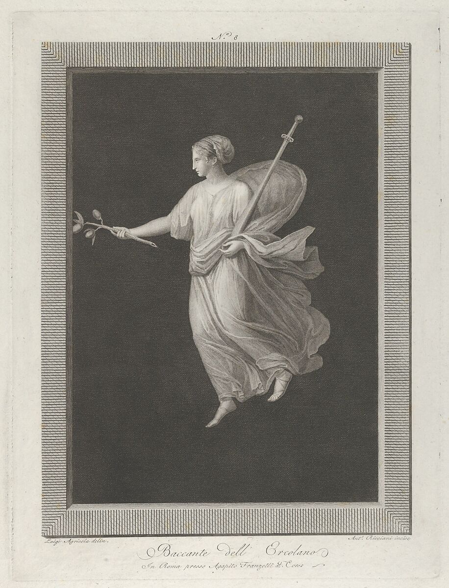 A bacchante holding a sword in her left arm and a branch with fruit in her right hand, set against a black background inside a rectangular frame, Engraved by Antonio Ricciani (Italian, Rome 1775/76–1847 Naples), Engraving 