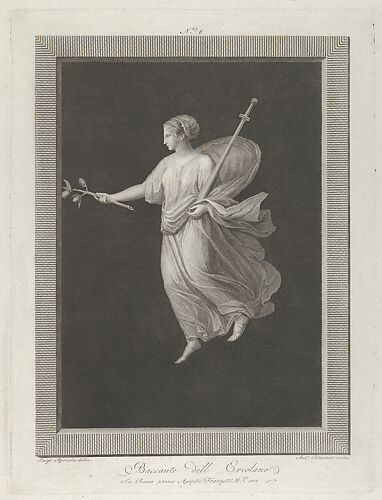 A bacchante holding a sword in her left arm and a branch with fruit in her right hand, set against a black background inside a rectangular frame