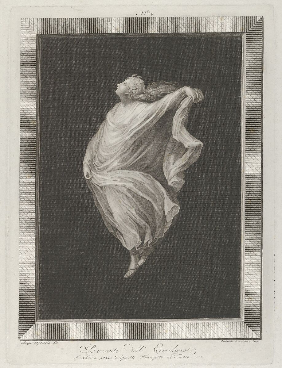 A bacchante seen in profile facing left, with outstretched left arm holding her drapery, set against a black background inside a rectangular frame, Engraved by Antonio Ricciani (Italian, Rome 1775/76–1847 Naples), Engraving 