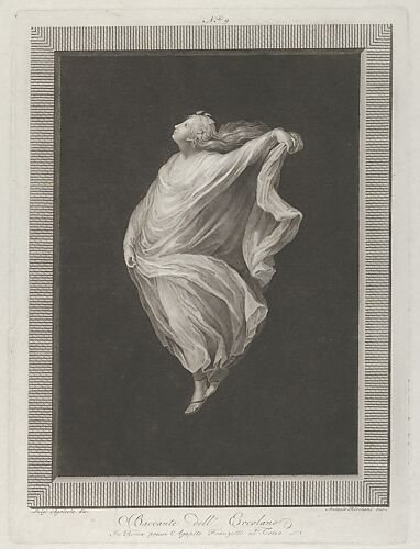 A bacchante seen in profile facing left, with outstretched left arm holding her drapery, set against a black background inside a rectangular frame