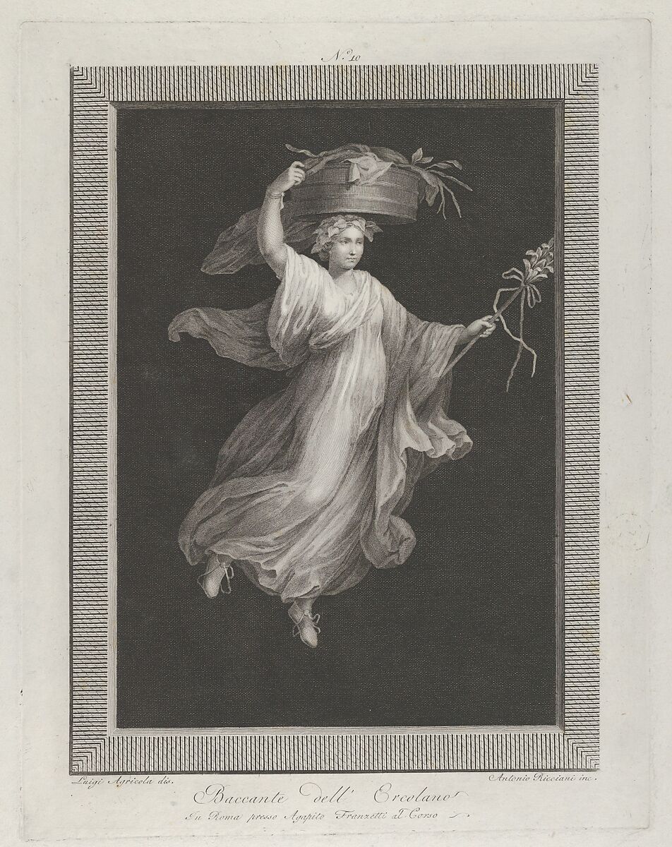A bacchante carrying a large basket on her head and holding a staff in her left hand, set against a black background inside a rectangular frame, Engraved by Antonio Ricciani (Italian, Rome 1775/76–1847 Naples), Engraving 