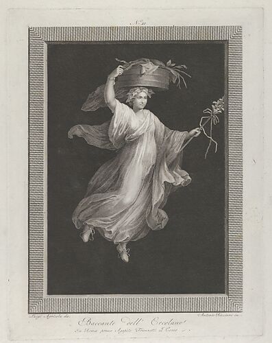 A bacchante carrying a large basket on her head and holding a staff in her left hand, set against a black background inside a rectangular frame