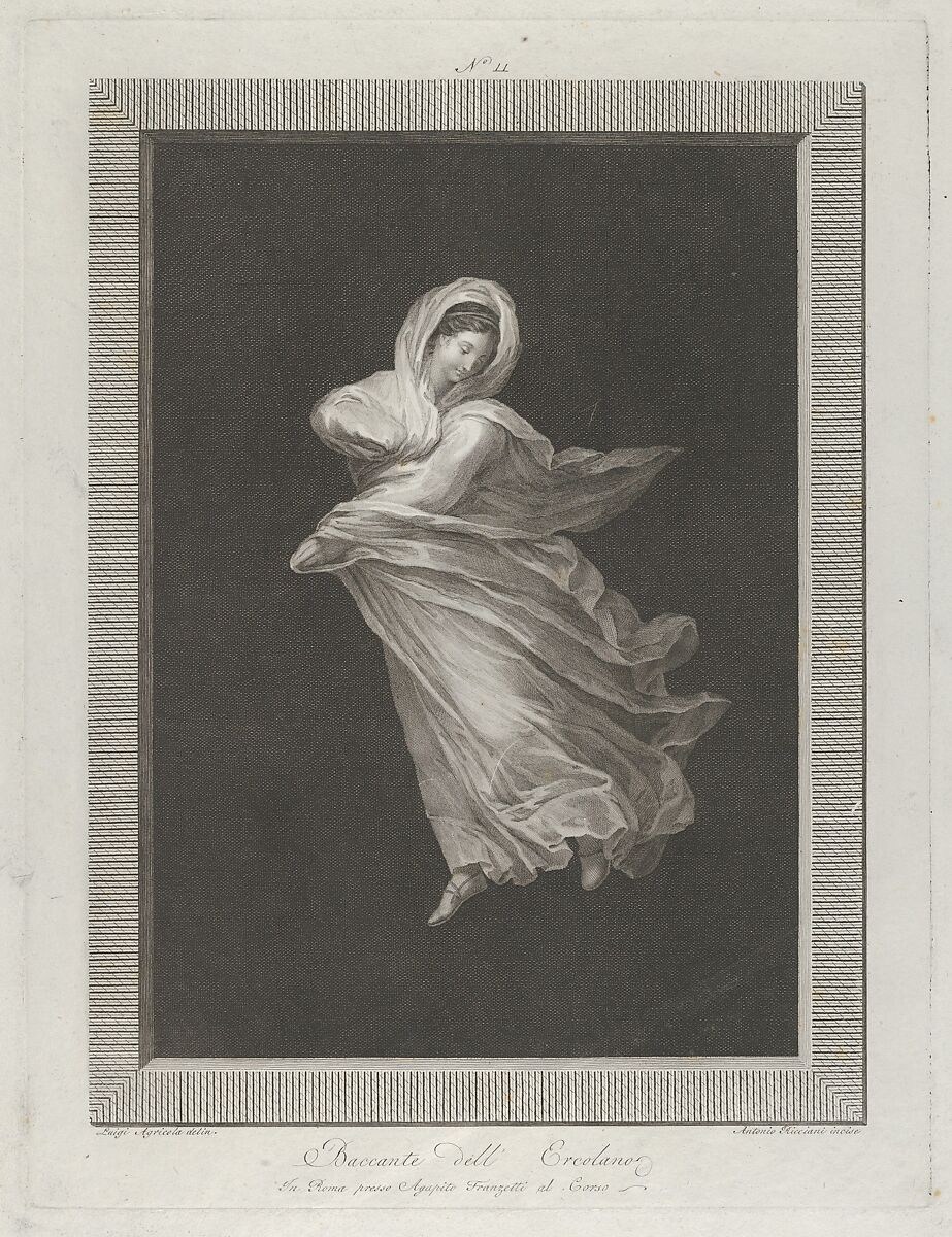 A bacchante wearing a flowing drapery, looking down, right arm bent and left arm outstretched, set against a black background inside a rectangular frame, Engraved by Antonio Ricciani (Italian, Rome 1775/76–1847 Naples), Engraving 