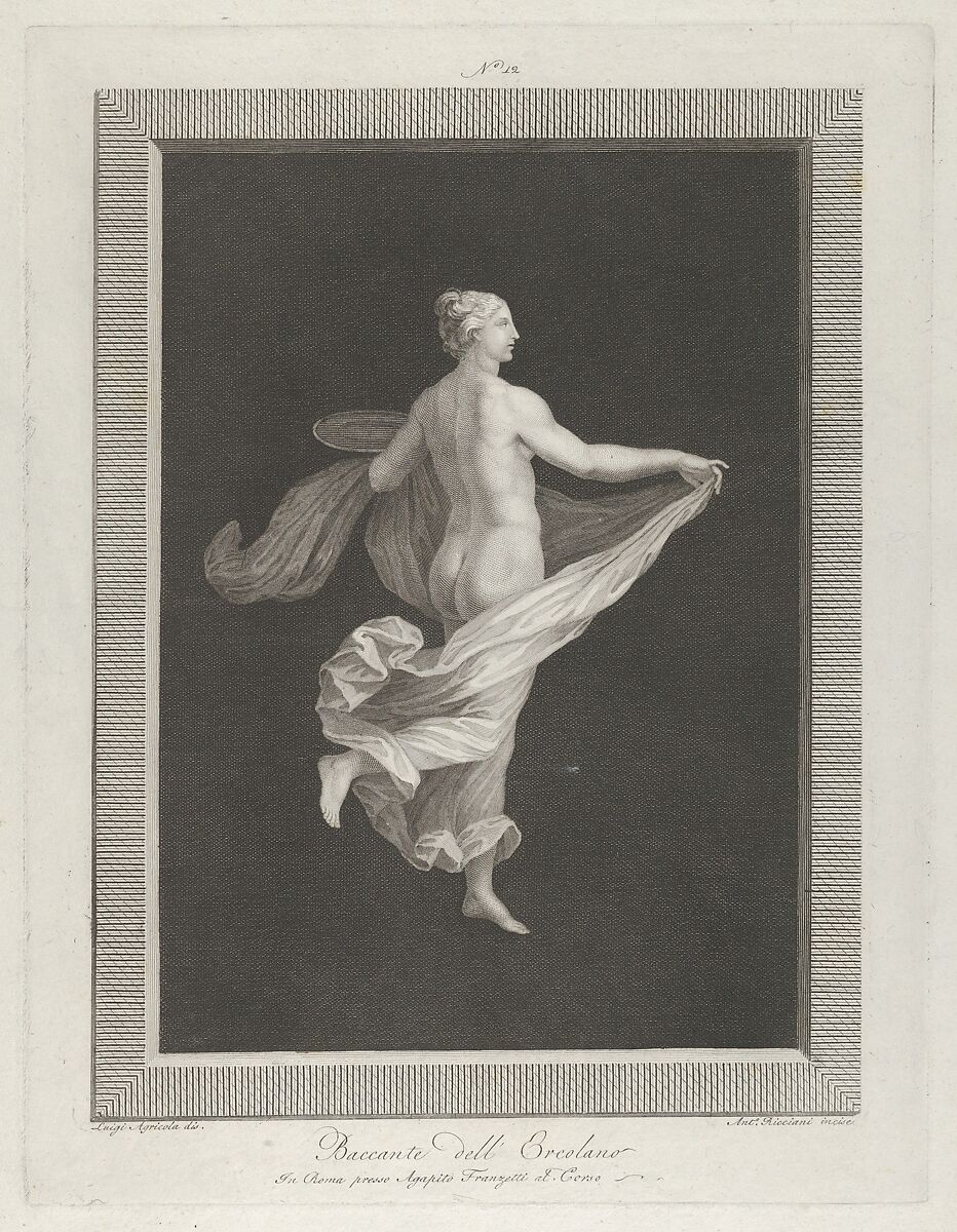 A partly naked bacchante seen from behind, facing right and holding an oval dish in her left hand, her drapery in her right, set against a black background inside a rectangular frame, Engraved by Antonio Ricciani (Italian, Rome 1775/76–1847 Naples), Engraving 