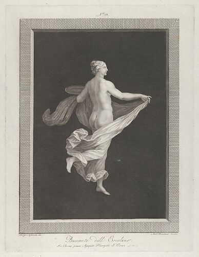 A partly naked bacchante seen from behind, facing right and holding an oval dish in her left hand, her drapery in her right, set against a black background inside a rectangular frame
