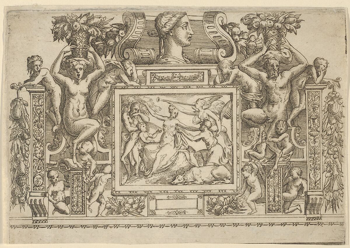 Woman seated with arms outstretched, personification of Fame with trumpet at right, set within an elaborate frame, Battista Angolo del Moro (Italian, Verona ca. 1515–ca. 1573 Murano), Etching 