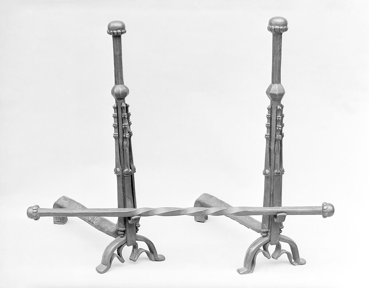 Pair of andirons with cross bar, Iron, French 