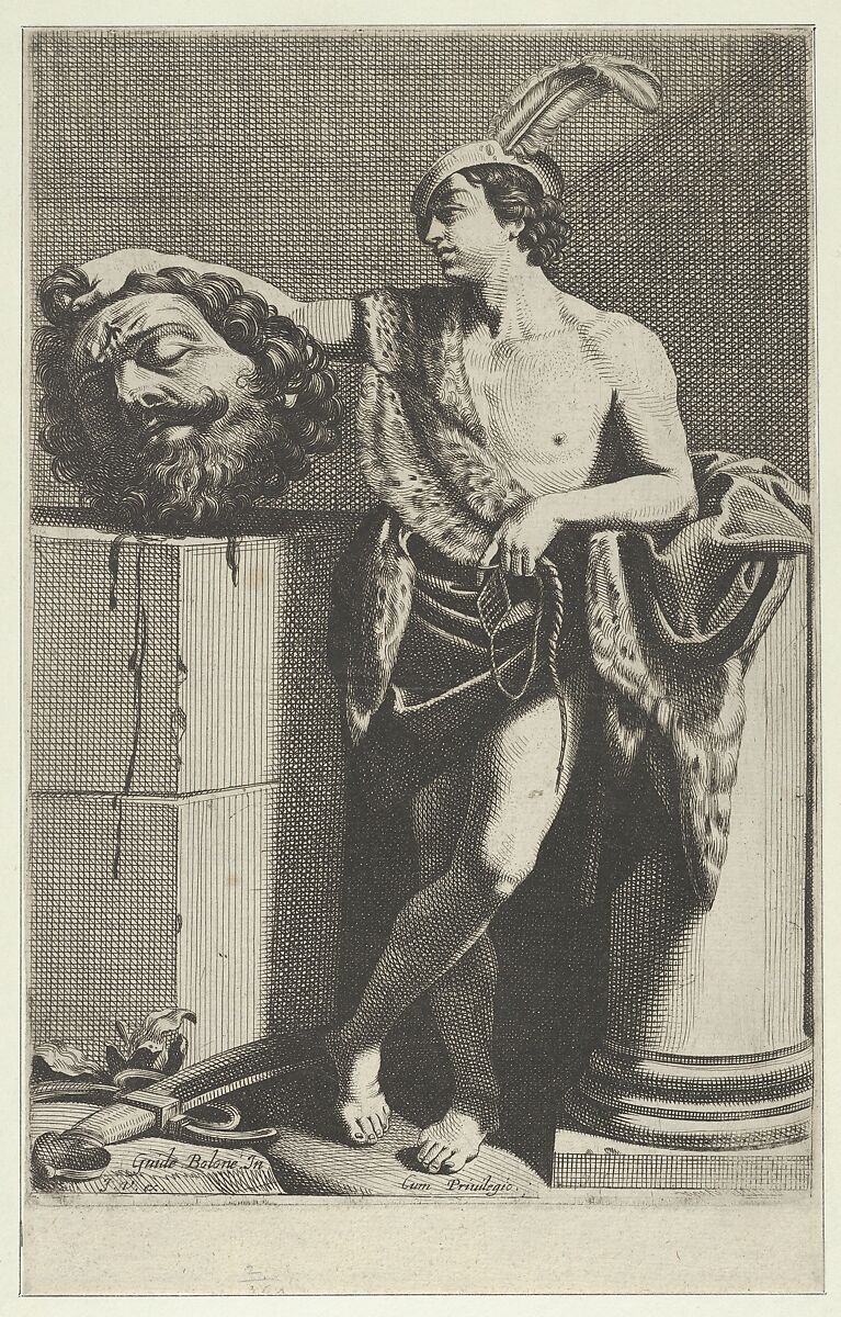 David standing with crossed legs and holding the head of Goliath on a pedestal at left, a sword on the ground, after Reni, Anonymous, Etching 