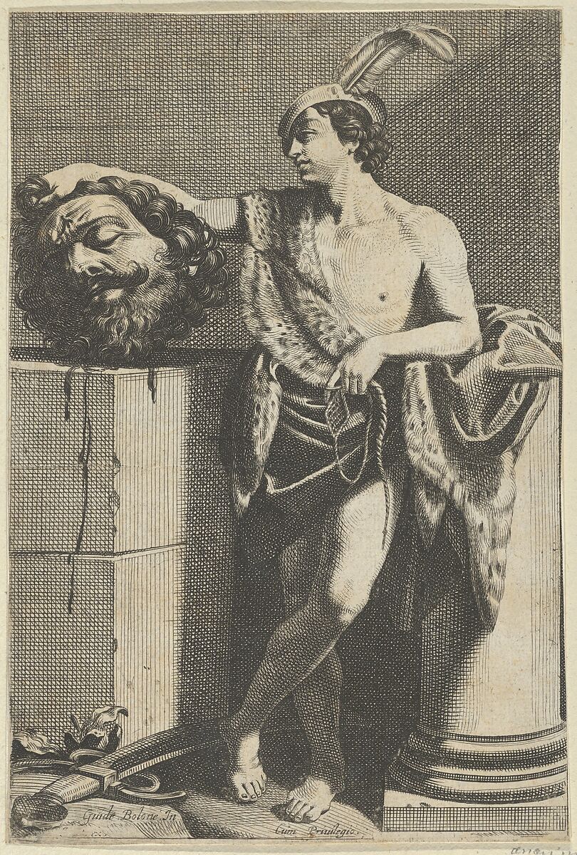 David standing with crossed legs and holding the head of Goliath on a pedestal at left, a sword on the ground, after Reni, Anonymous, Etching 